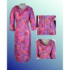 Vintage 80s Fuschia Periwinkle 30s Style Cowl Neck Sheath Dress Size XL